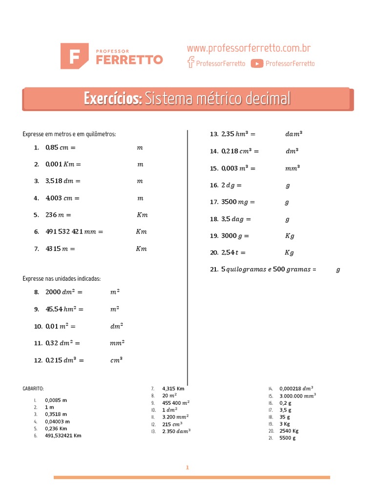 Exercícios do Sistema Métrico Decimal | PDF