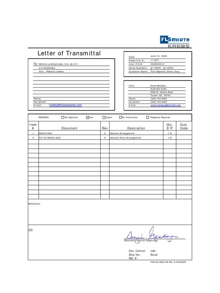Letter of Transmittal: Rev Qty. E/P Description Document Cust