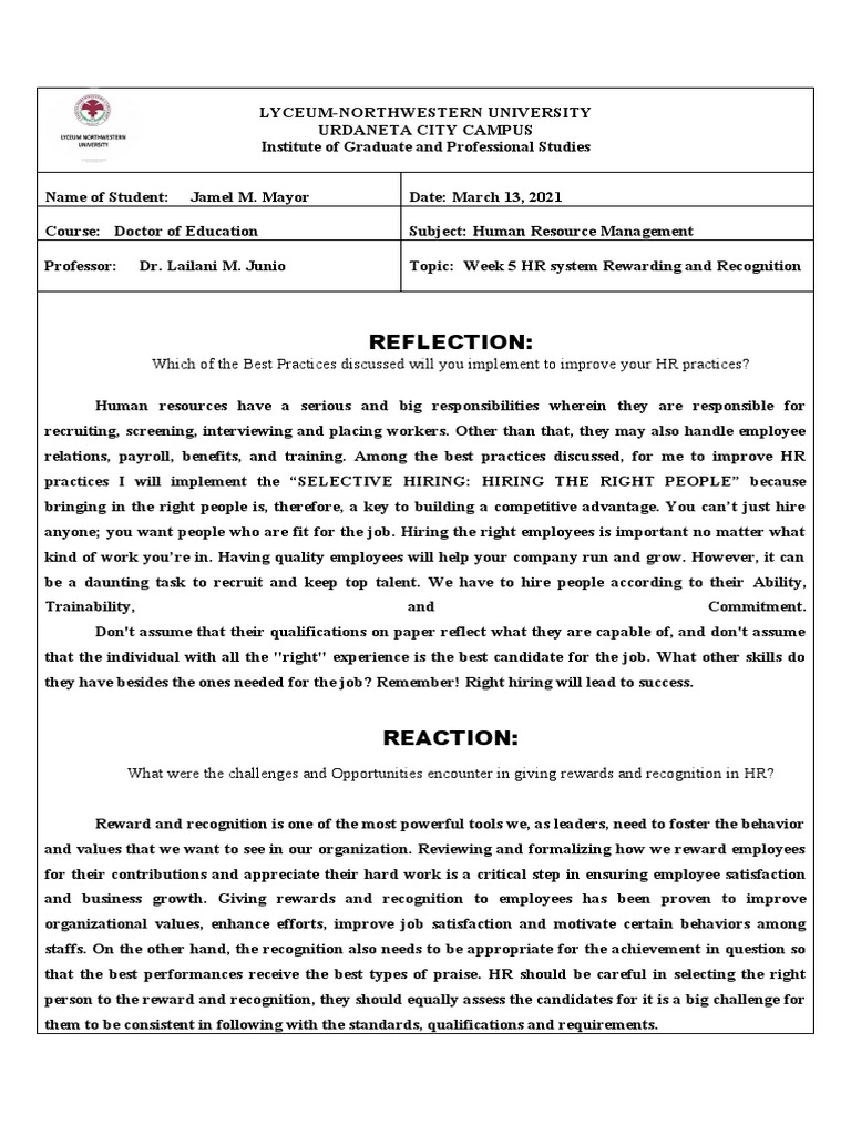 Week 5 HR System Rewarding and Recognition Reflection-OUTPUT - JAMEL M ...