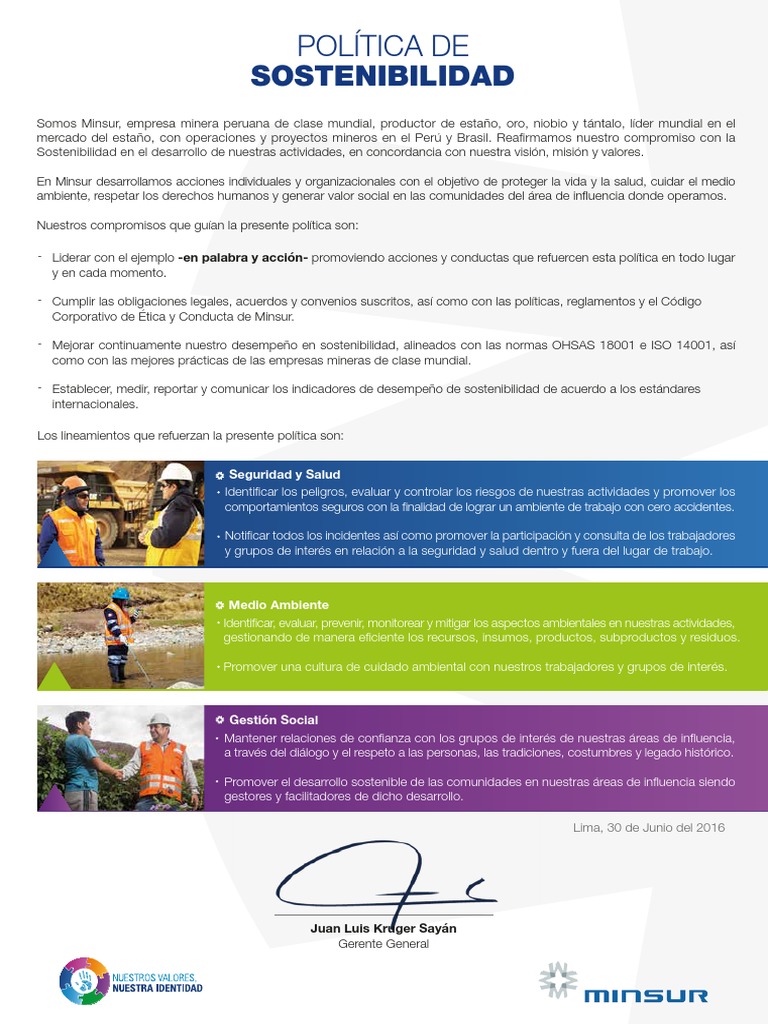 Política de Sostenibilidad de Minsur | PDF | Sustentabilidad | Política