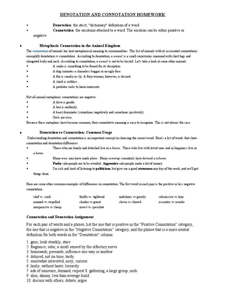 Denotation and Connotation Homework Guide | PDF | Connotation