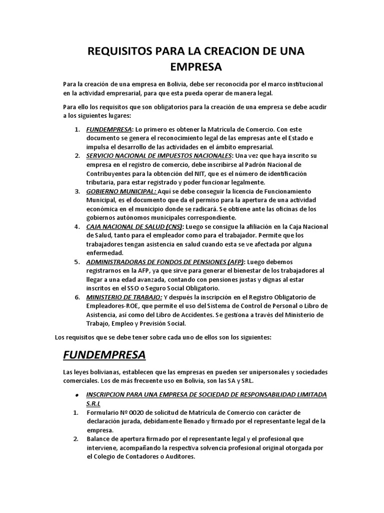 Requisitos para crear una empresa en Bolivia | PDF | Empresas | Economias