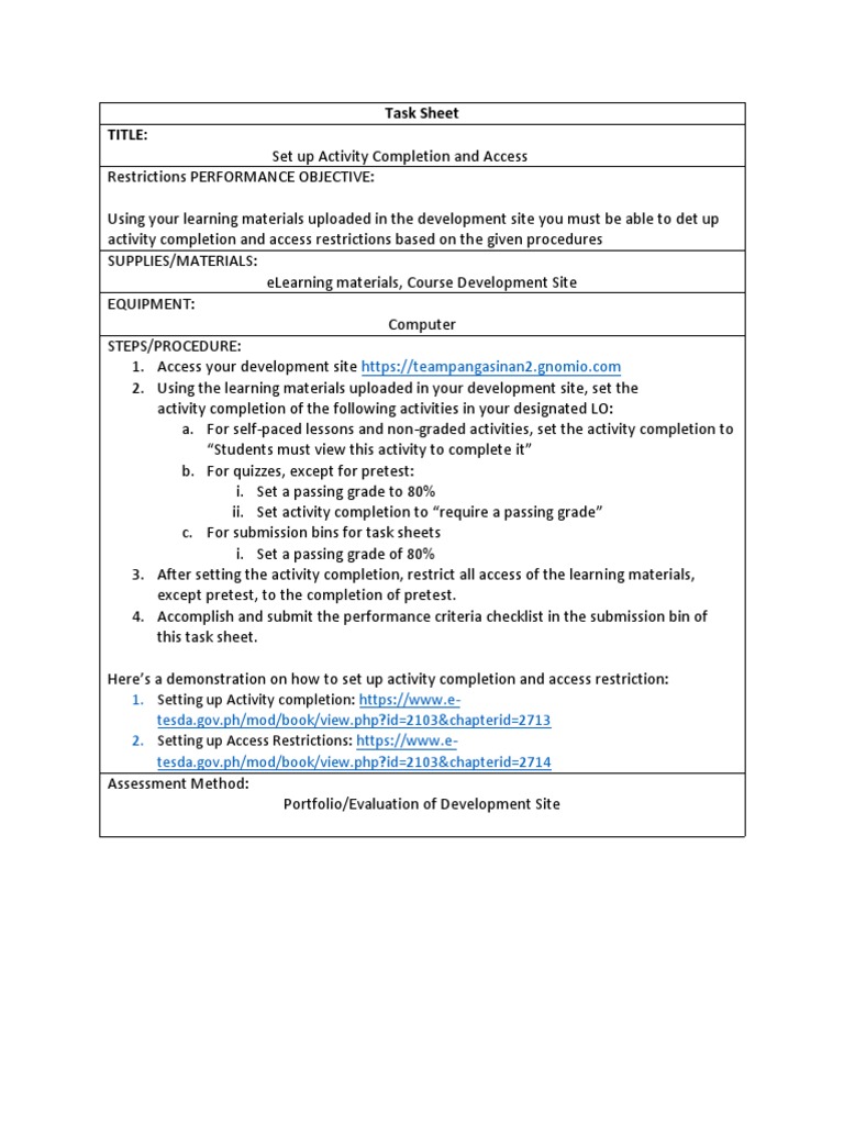 Set Up Activity Completion & Access Restrictions | PDF | Learning ...