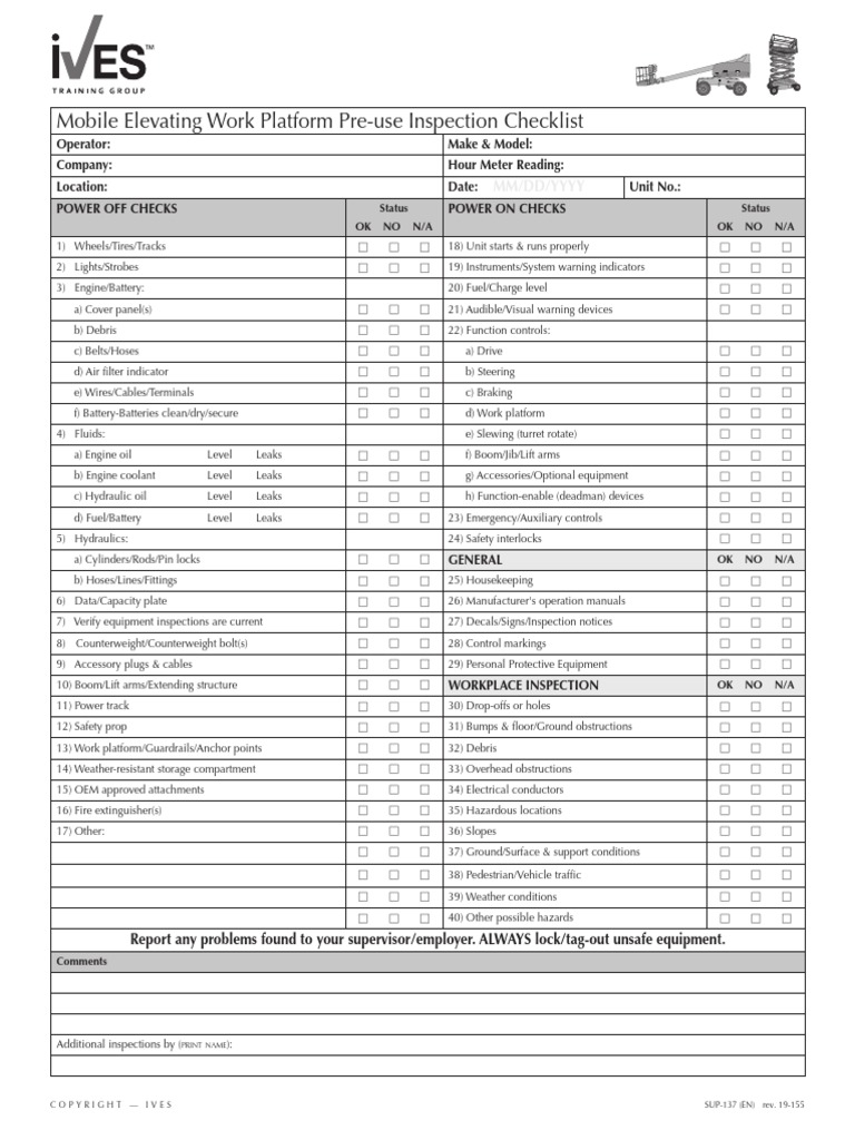 Mobile Elevating Work Platform Pre-Use Inspection Checklist | PDF ...