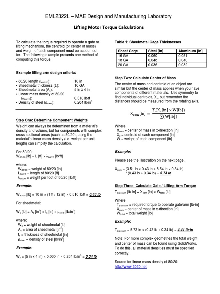EML2322L Lifting Motor Torque Calculations PDF Center Of Mass