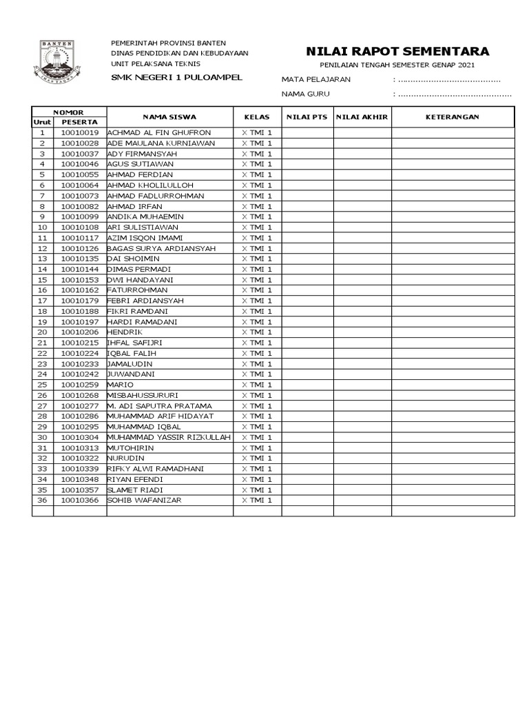 Format Nilai Rapot Sementara | PDF