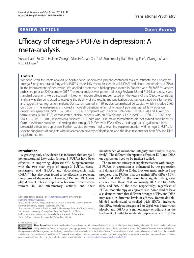 Efficacy of Omega3 Depression Download Free PDF Omega 3 Fatty Acid Meta Analysis