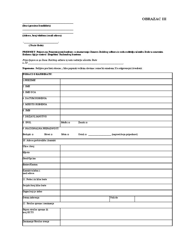 OBRAZAC III Skolski Odbor | PDF