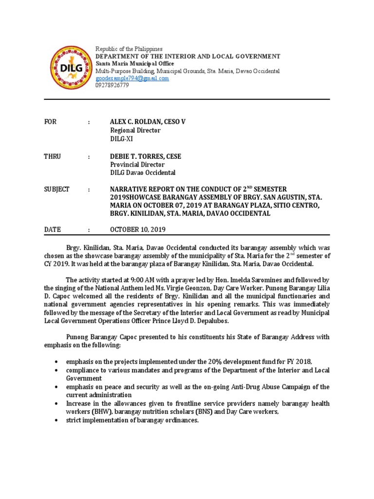 Barangay Assembly Narrative Report 2019 | PDF | Justice | Crime & Violence