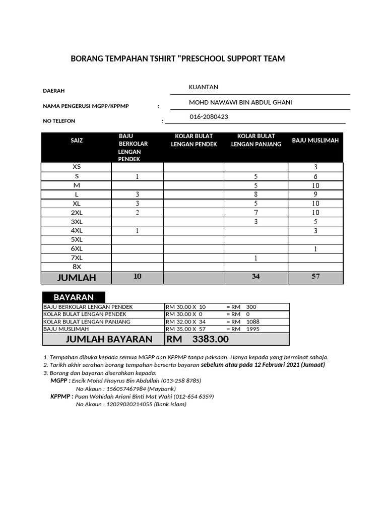 Borang Tempahan Baju Preschool Support Team Pdf