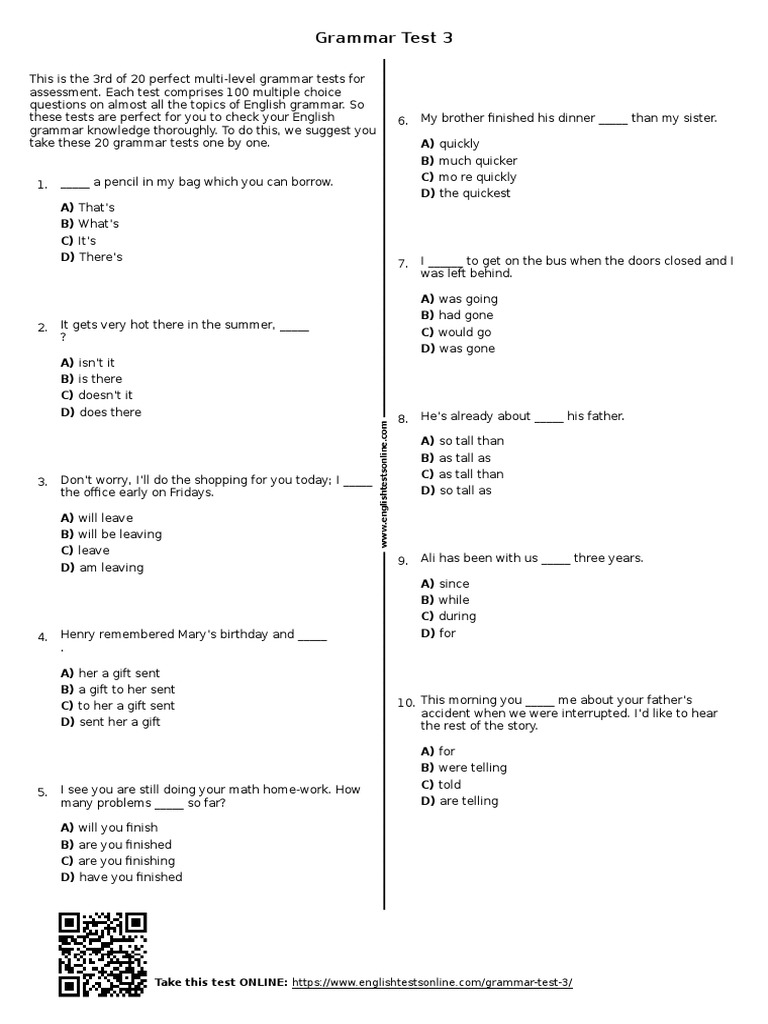 Multi-Level English Grammar Test 3 | PDF