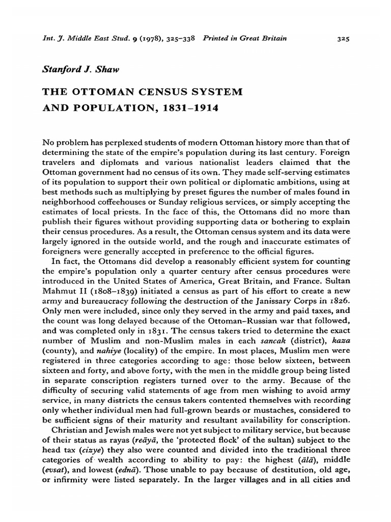 Shaw The Ottoman Census System and Population 18311914 PDF Ottoman