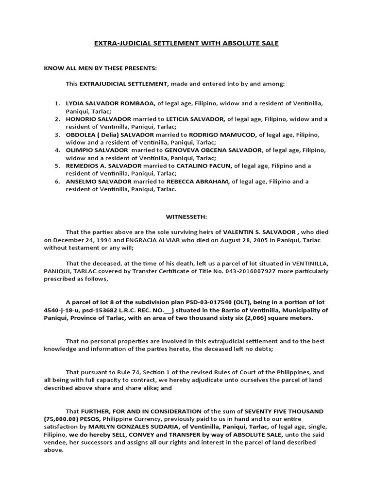 Extra Judicial Settlement With Absolute Sale | PDF | Civil Law (Legal ...