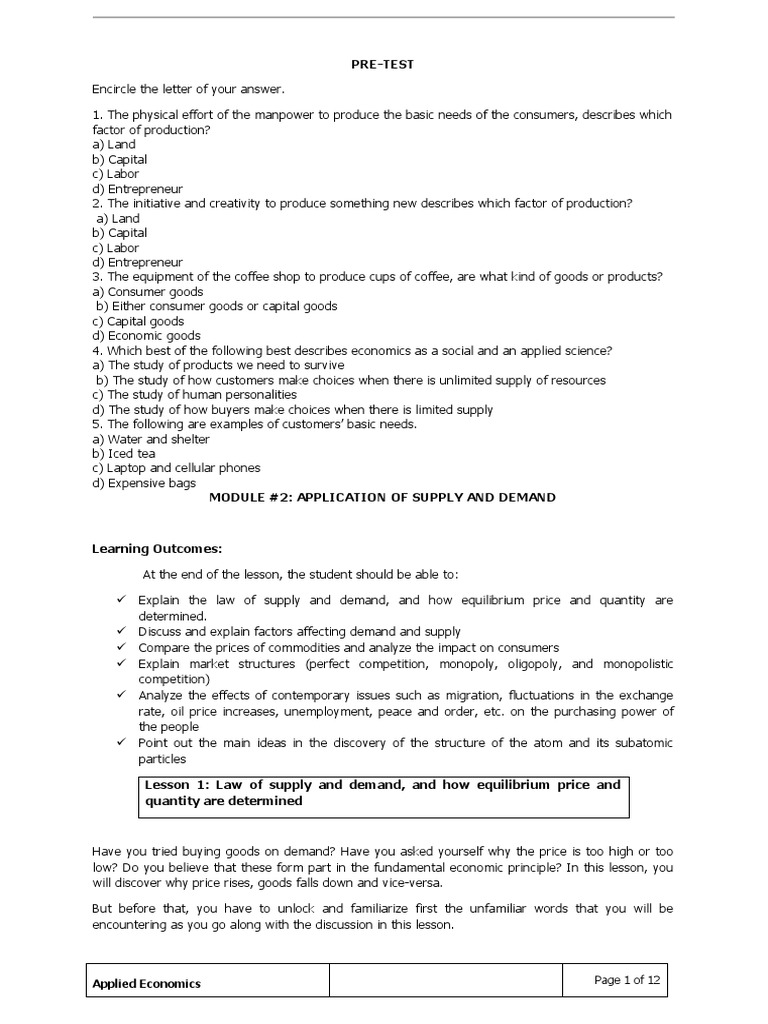 (Applied Econ.) Module 2 - Application of Supply and Demand (Lesson ...
