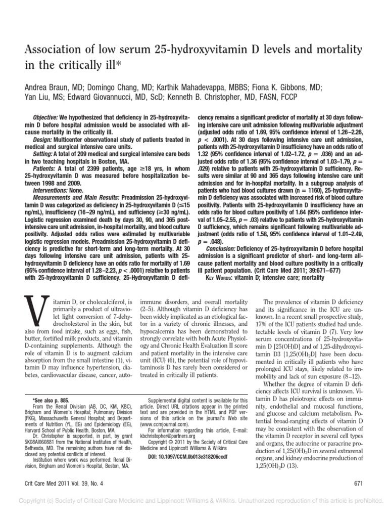 Association of Low Serum 25Hydroxyvitamin D Levels and Mortality in