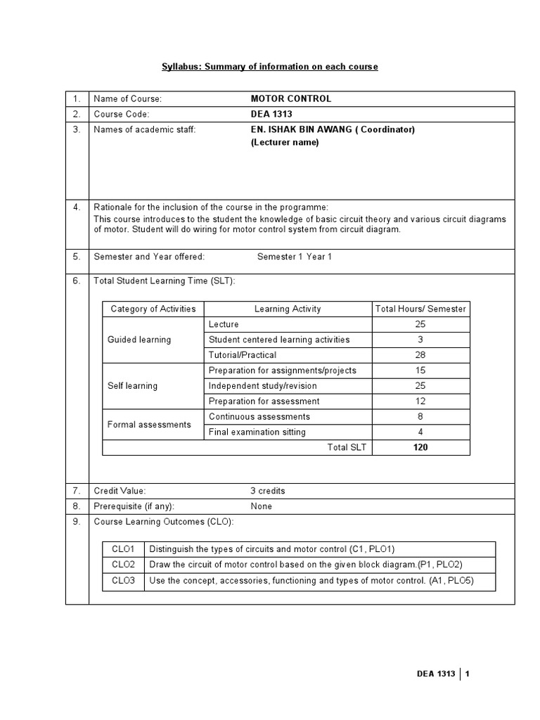 Syllabus: Summary of Information On Each Course | PDF | Motor Control ...