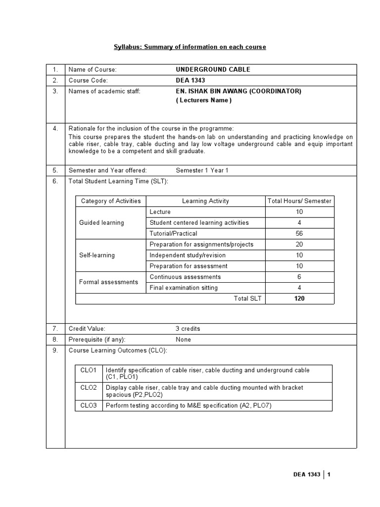 Syllabus Summary of Information On Each Course PDF Electrical Wiring Specification