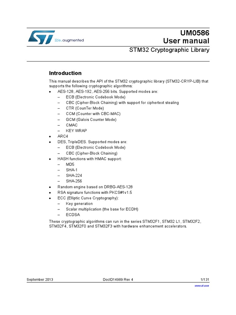 Cd00208802 Stm32 Cryptographic Library Stmicroelectronics | PDF | Cipher |  Key (Cryptography)