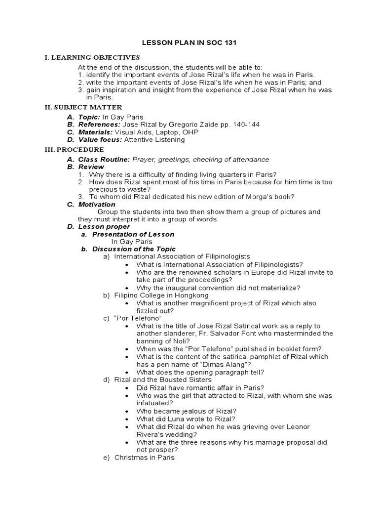 Lesson Plan in Soc 131 Rizal | PDF