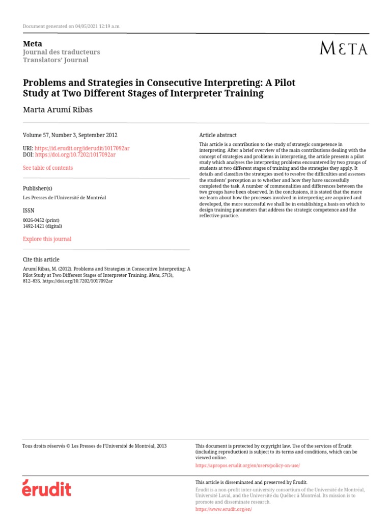 Problems and Strategies in Consecutive Interpreting A Pilot | PDF ...