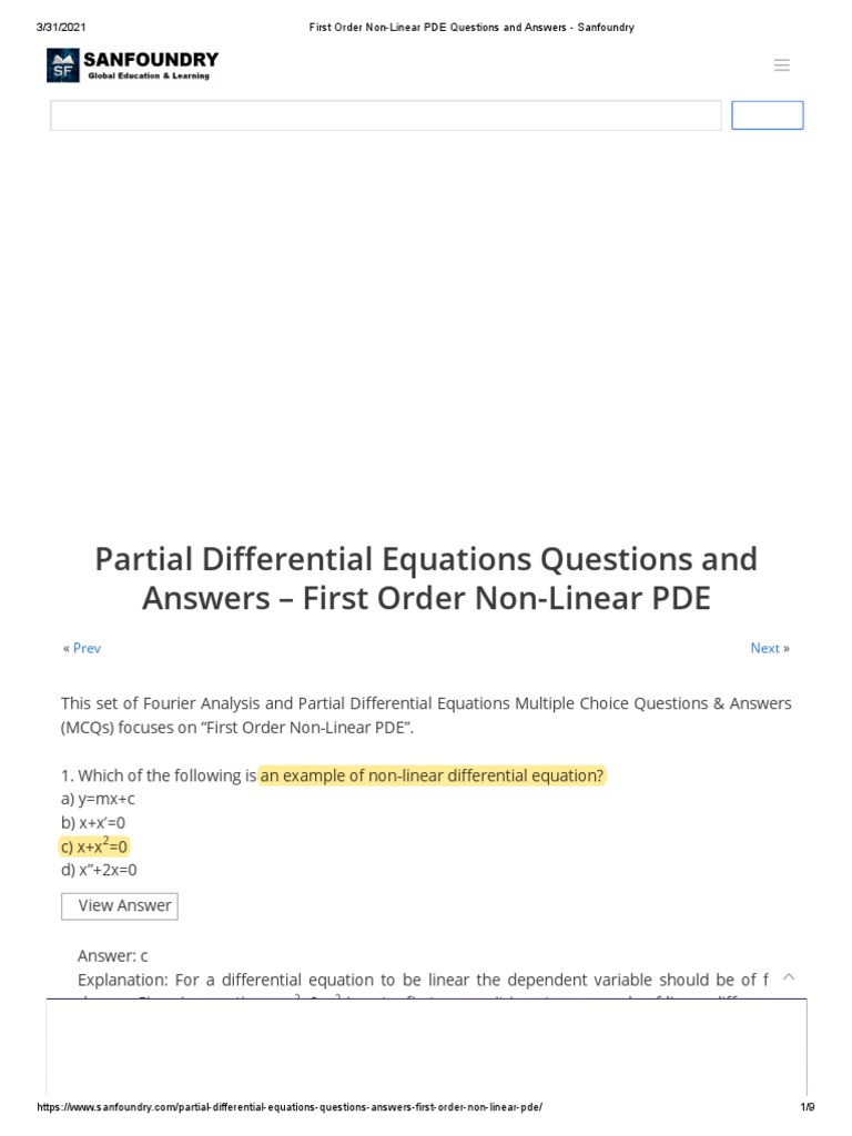 First Order Non-Linear PDE Questions and Answers - Sanfoundry | PDF ...