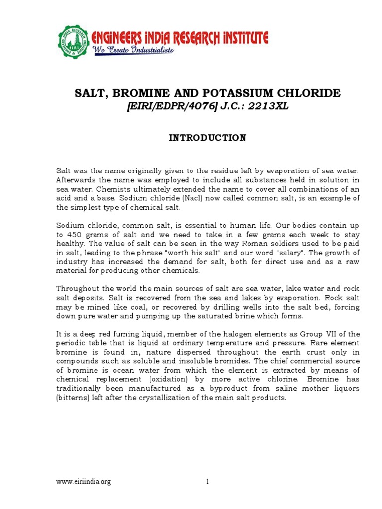 Project Report On Salt, Bromine and Potassium Chloride PDF Salt Sodium Chloride