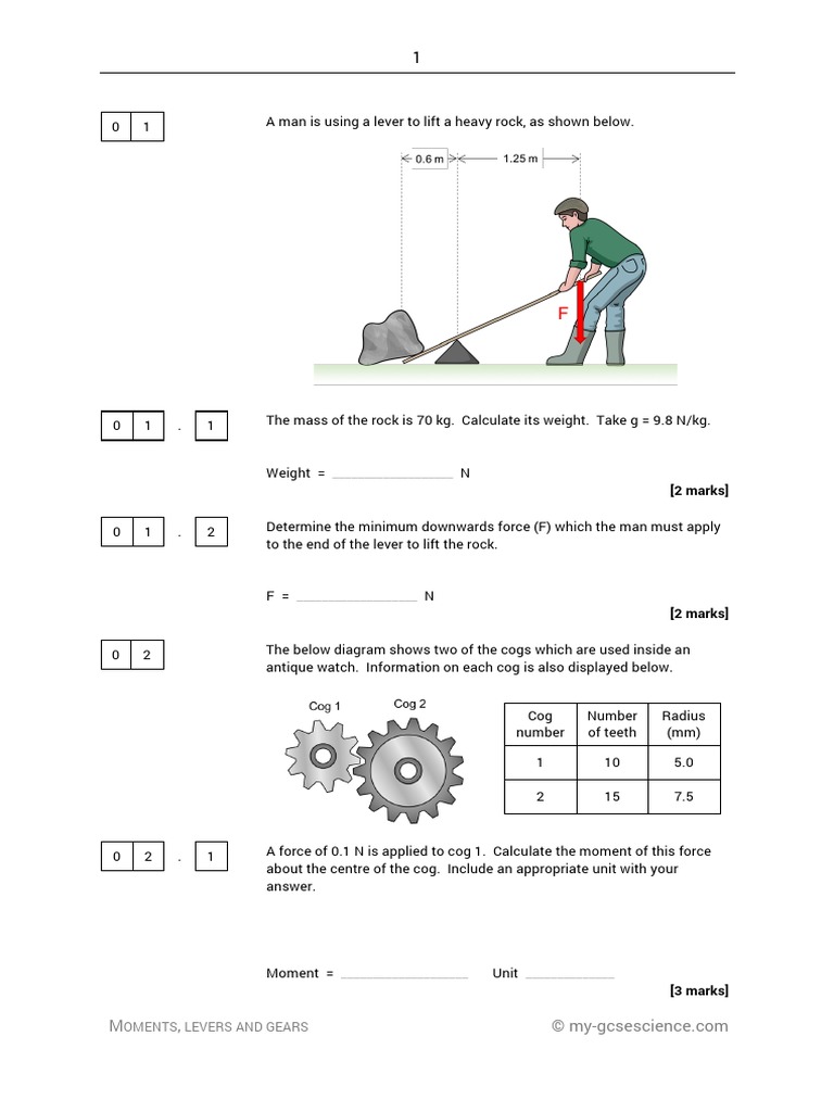 Moments Levers and Gears Exam Style Questions PDF Gear Force