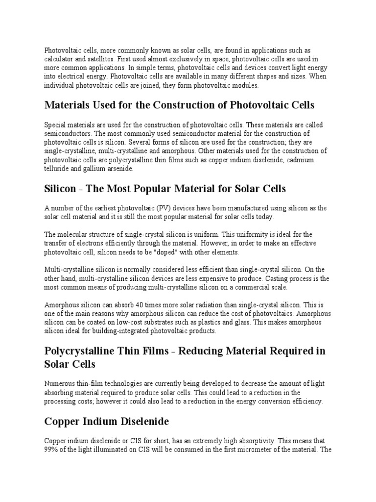 Materials Used For The Construction of Photovoltaic Cells | PDF | Solar ...