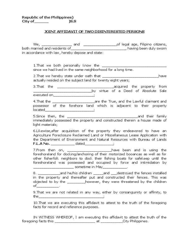 Joint Affidavit of Two Disinterested Persons - For Foreshoreland | PDF ...