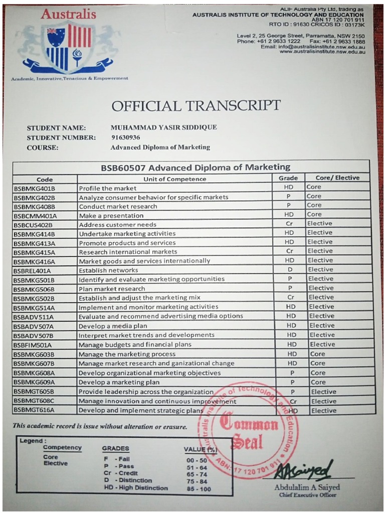 Marketing Diploma Transcript | PDF