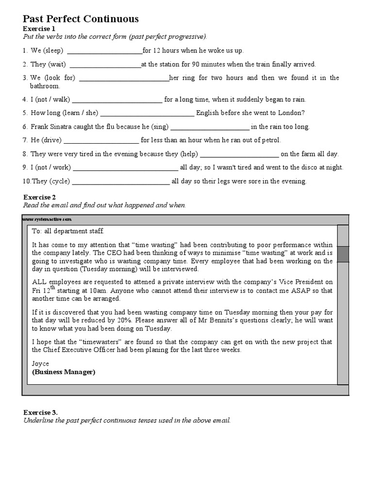 Past Perfect Continuous Exercises | PDF | Language Mechanics | Linguistics
