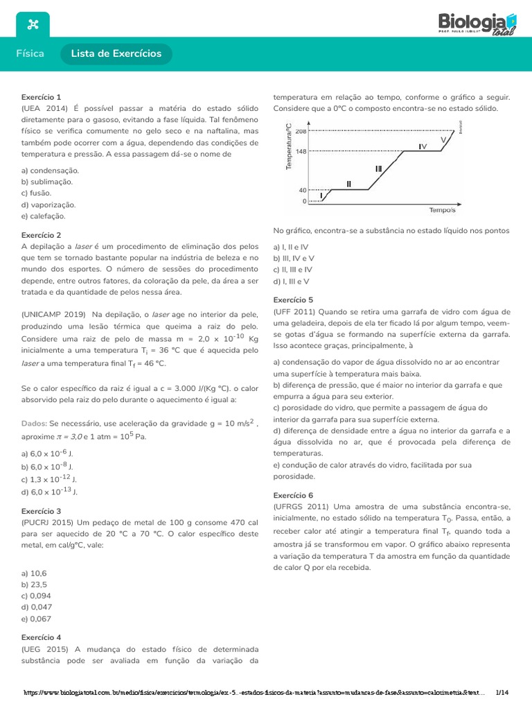 Exercícios de Calorimetria e Mudanças de Fase | PDF | Calor | Temperatura