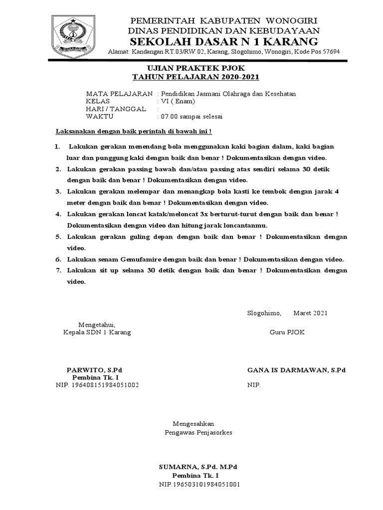 Karang Soal Ujian Praktek Pjok 2021