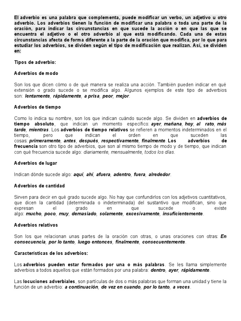 Tipos y ejemplos de adverbios | PDF | Adverbio | Relaciones sintácticas