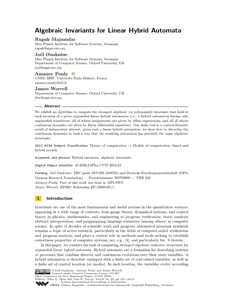 Algebraic Invariants For Linear Hybrid Automata: Rupak Majumdar | PDF ...