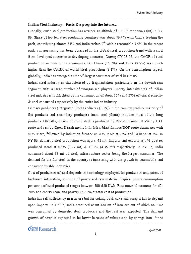 Overview of the Indian Steel Industry | PDF | Steelmaking | Iron Ore