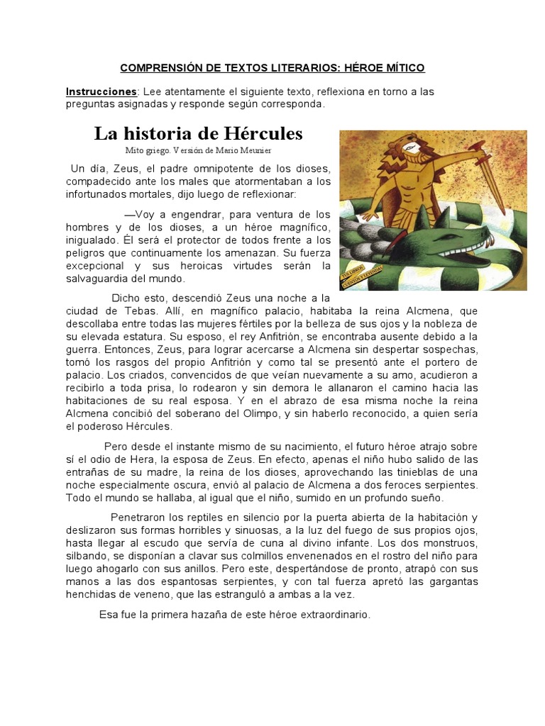 Comprensión de Textos Literarios - Héroe Mítico | PDF | Hera | Zeus