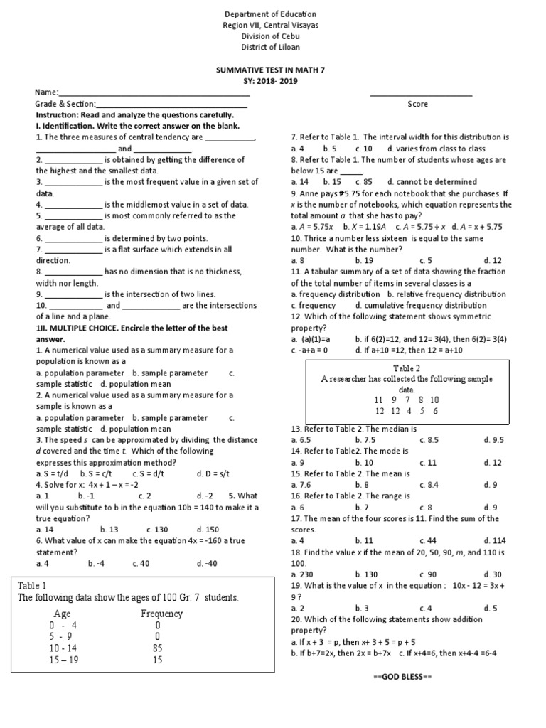 Math 7 Summative Test Questions | PDF | Mean | Mathematical Analysis