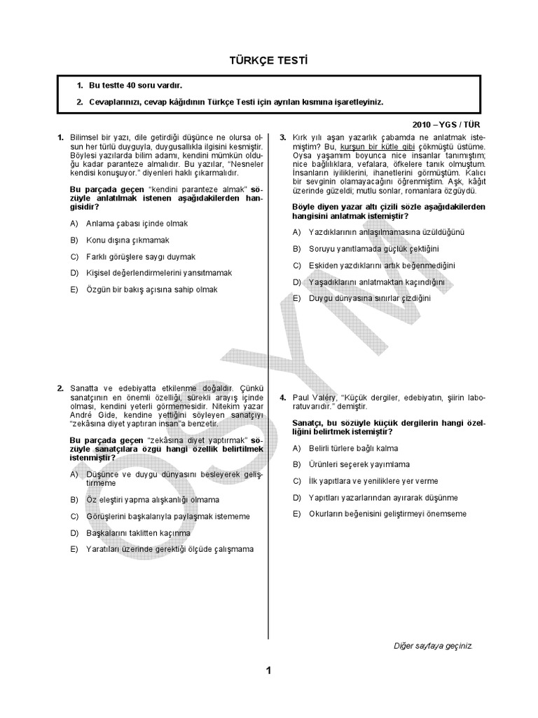2010 YGS Türkçe Testi | PDF
