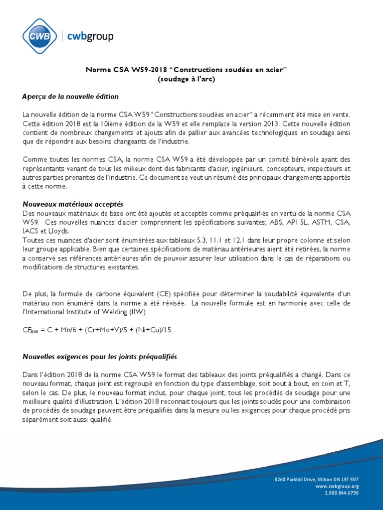 Mise à jour de la norme CSA W59-2018 | PDF | Soudage | Construction