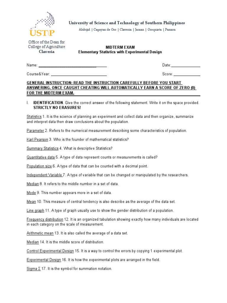 Midterm Exam: Elementary Statistics | PDF | Analysis Of Variance ...