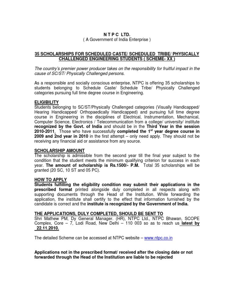 NTPC Scholarships for SC/ST Students | PDF | Business
