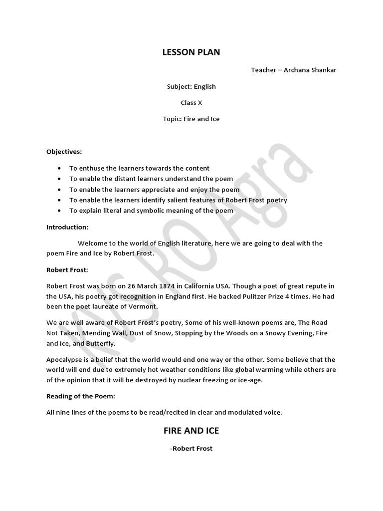 Lesson Plan Fire And Ice Pdf Poetry Rhyme