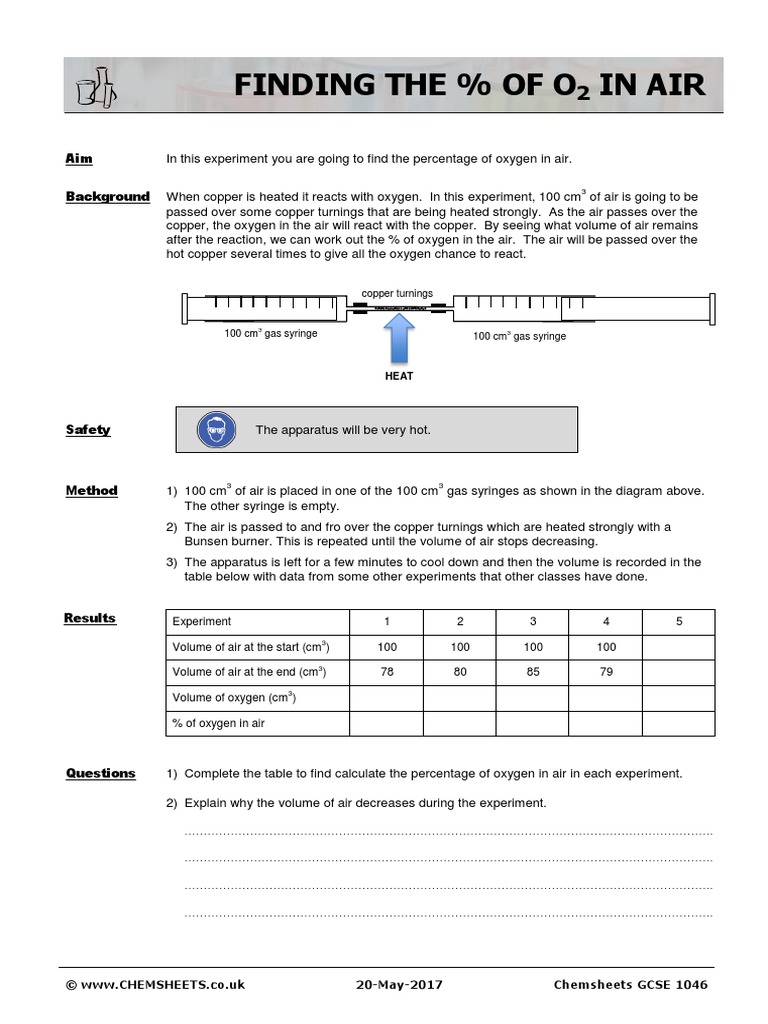 Chemsheets GCSE 1046 Practical 41 Finding The Percentage of Oxygen in