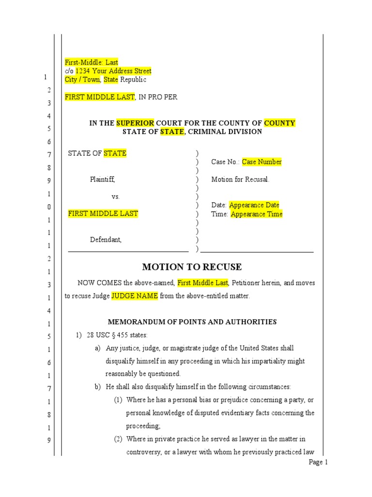 Motion To Recuse A Judge Template PDF Judicial Disqualification Judge