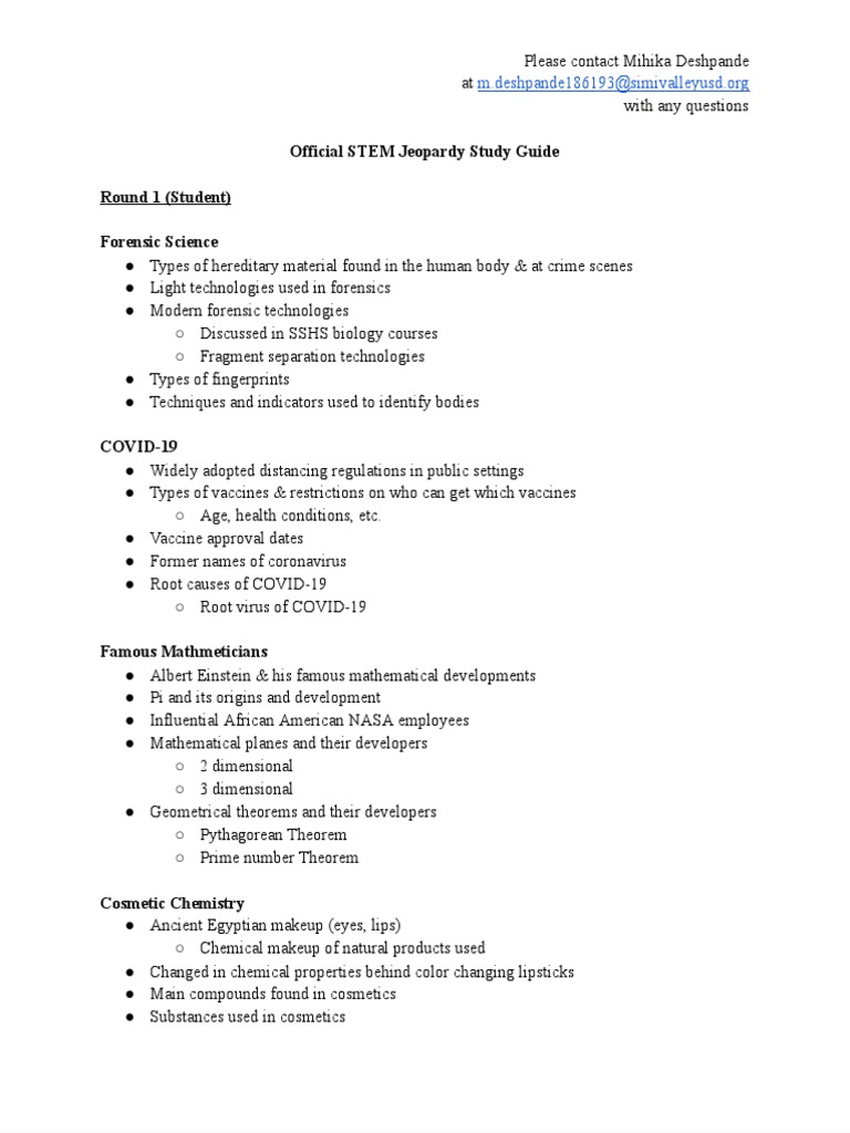 Official STEM Jeopardy Study Guide | PDF | Cosmetics | Chemical Substances