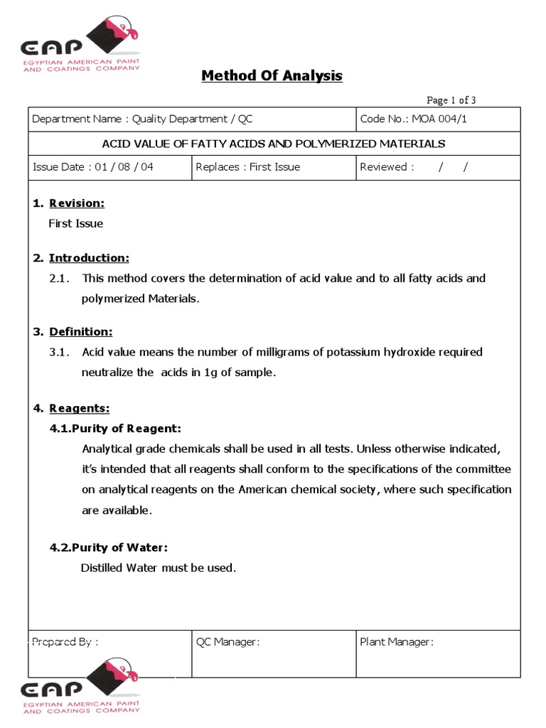 Acid Value Titration Method for Fatty Acids | PDF | Titration | Chemistry
