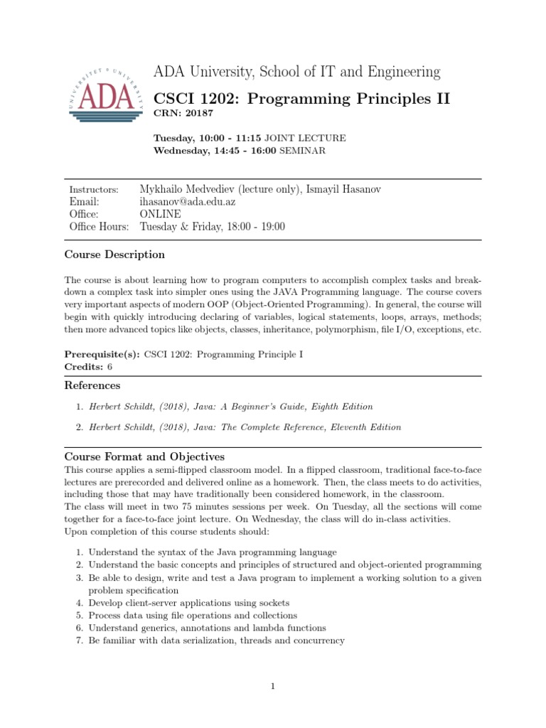 ADA University, School of IT and Engineering CSCI 1202: Programming ...