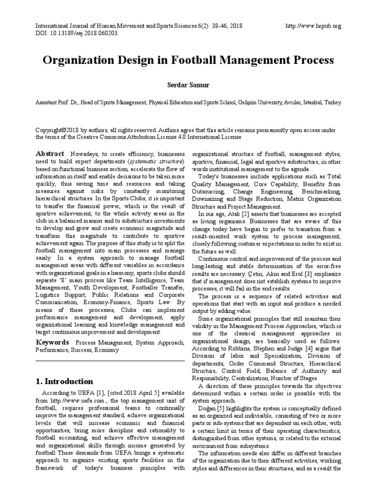 Organization Design in Football Management Process: Nowadays, To Create ...