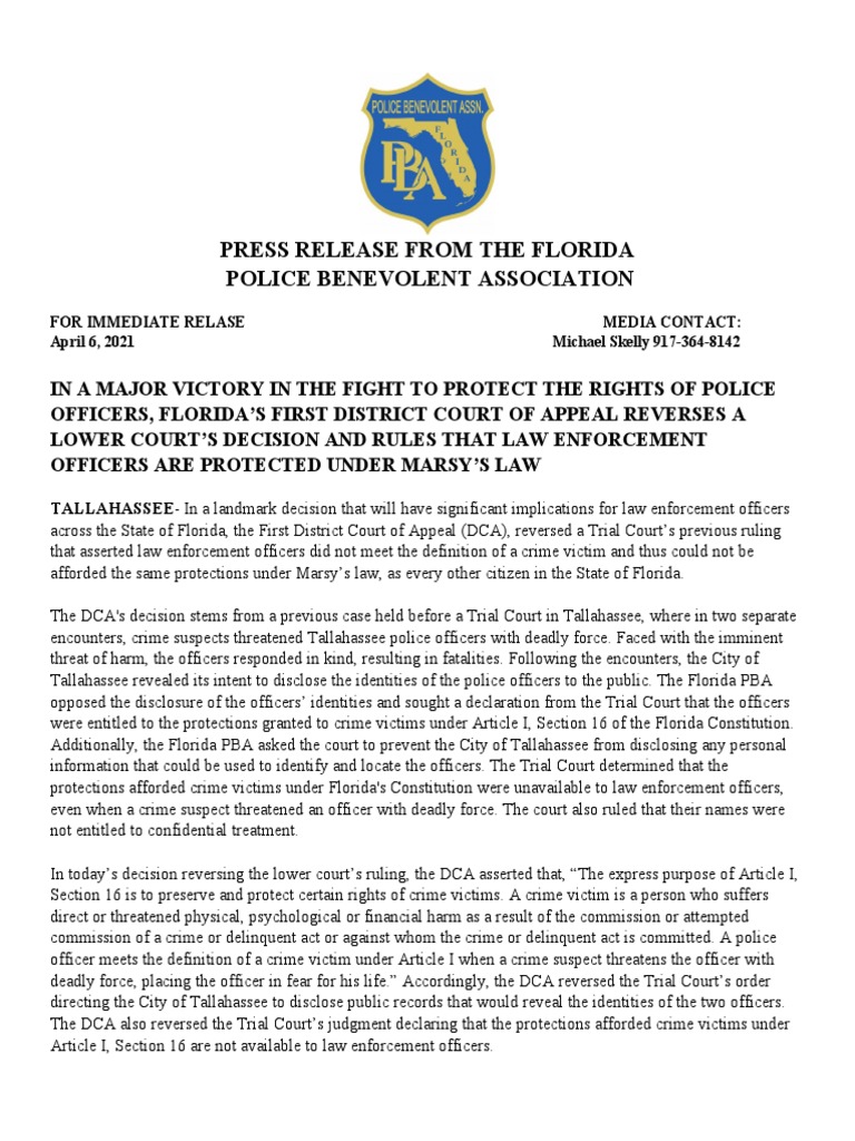 Florida PBA Release On Court's Opinion of Marsy's Law PDF Deadly